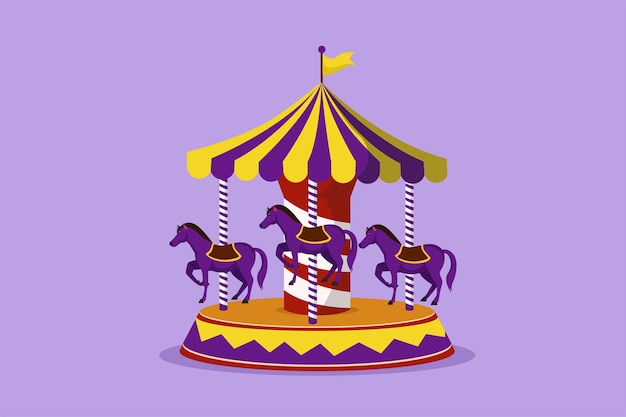 Character flat drawing of colorful horse carousel in amusement park with horses spinning under the tent with flag Happy childhood Play on funfair outdoor festival Cartoon design vector illustration