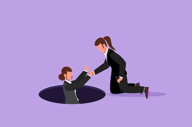 Character flat drawing competitive businesswoman helping her friend by take her out from hole Two women one of whom helps another Business struggle and teamwork Cartoon design vector illustration