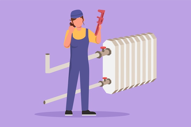 Character flat drawing cute female plumber standing with celebrate gesture and holding carpentry tool ready to work fixing broken plumbing at home Success business Cartoon design vector illustration