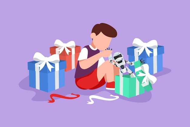 Vector character flat drawing of excited little boy kid opening wrapped gift box decorated with ribbon bow happy adorable little kids receive robot toy gift from birthday cartoon design vector illustration