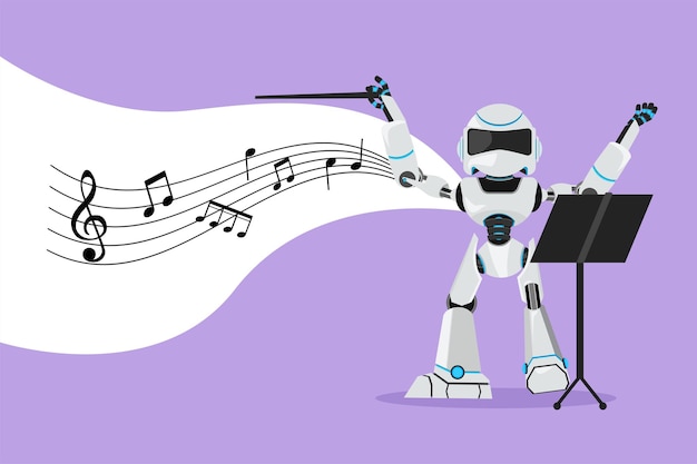 Character flat drawing expressive robot conductor directing music orchestra Classical music Modern robotic artificial intelligence Electronic technology industry Cartoon design vector illustration