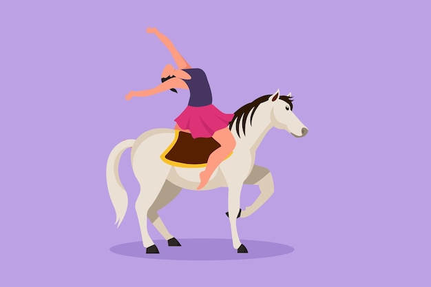 Character flat drawing female acrobat performs on circus horse while dancing on horseback and raise her hand Horse joins the dance Circus show event entertainment Cartoon design vector illustration