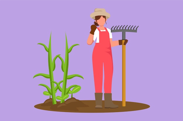 Character flat drawing female farmer standing with celebrate gesture wearing straw hat carrying rake to plant crop or harvest farmland Rural agricultural worker Cartoon design vector illustration