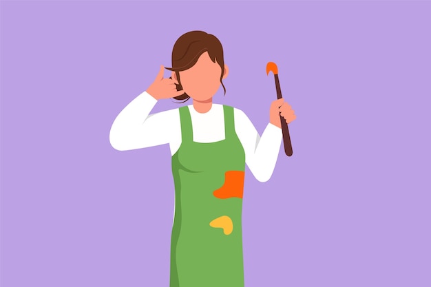 Character flat drawing female painter holding paintbrush with call me gesture using painting tools such as brushes canvas and watercolors Produce creative art Cartoon design vector illustration