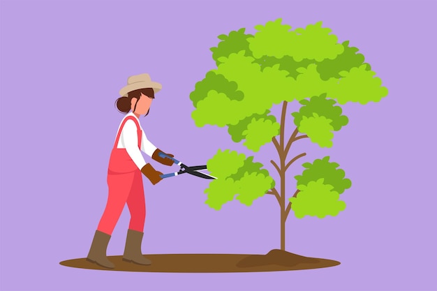 Character flat drawing gardener trims plant in garden woman cutting tree in park Pruning shears for cutting foliage Landscape designer in overalls with scissors Cartoon design vector illustration