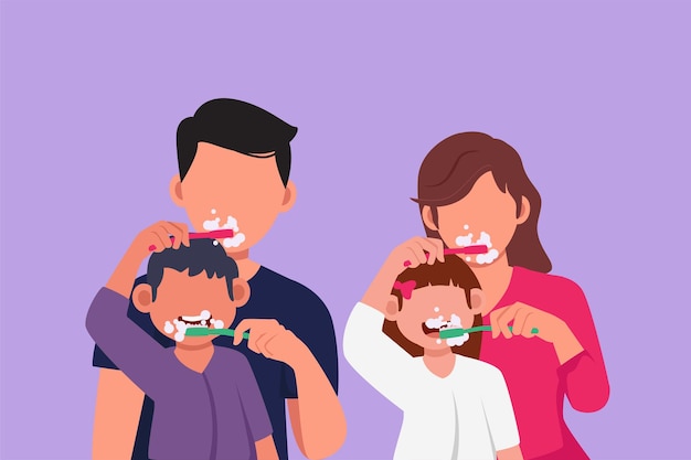 Character flat drawing of happy kids and parents brushing their teeth each other in the bathroom Routine habits for oral and dental hygiene Healthy teeth campaign Cartoon design vector illustration