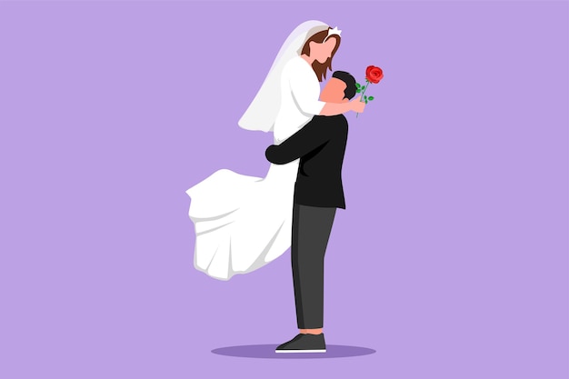 Character flat drawing happy man lift up woman wearing wedding dress with rose flower Young boy surprises his girl and giving flowers Engagement and love relation Cartoon design vector illustration