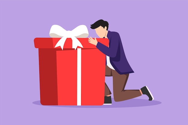 Character flat drawing of joyful businessman hugging huge birthday gift Young satisfied male sitting near wrapped birthday gift box with bow from office or company Cartoon design vector illustration