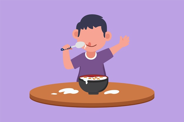 Character flat drawing little boy having cereal for breakfast Happy kid eating cereal flakes sitting at table Activity of children day schedule or daily routine Cartoon design vector illustration