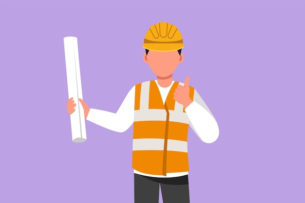 Character flat drawing male architect wearing vest and helmet with thumbs up gesture carrying blueprint paper for the building work plan Builder on work at site Cartoon design vector illustration