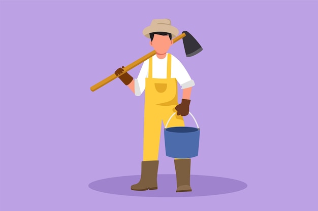 Character flat drawing of male farmer carries wooden hoe in shoulder with bucket Agricultural worker standing on green grass with plants Agronomic man at farmland Cartoon design vector illustration