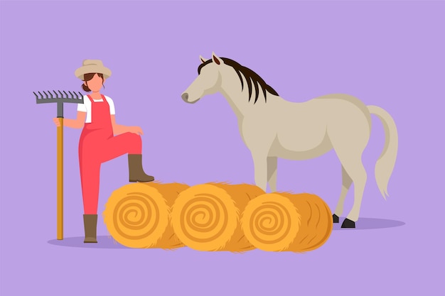 Vector character flat drawing rancher working in farmyard female farmer feeding horse with hay livestock technician working with pitchfork harvesting food for stallion cartoon design vector illustration