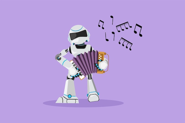 Character flat drawing robot musician playing accordion Accordionist performance Future technology development Artificial intelligence machine learning processes Cartoon design vector illustration