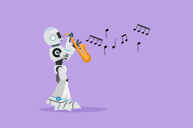 Character flat drawing robot musician saxophonist perform in festival jazz music Future robotic technology development Artificial intelligence machine learning Cartoon design vector illustration