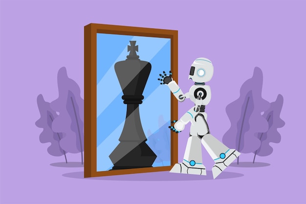 Character flat drawing robot standing in front of mirror reflecting chess king Metaphor of confidence Humanoid robot cybernetic organism Future robot development Cartoon design vector illustration