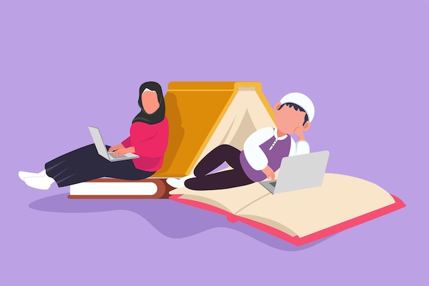 Character flat drawing smart Arab couple with laptop computer leaning on pile of book together Freelance distance learning online courses Man and woman studying Cartoon design vector illustration