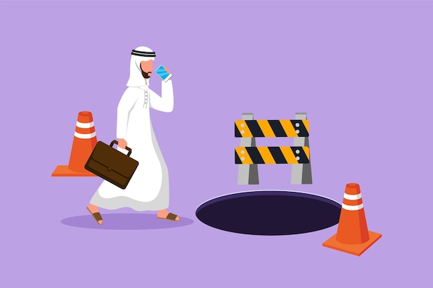 Character flat drawing young Arab businessman talking on cell phone and he does not see the hole in front Male manager using smartphone and walks to business trap Cartoon design vector illustration