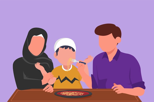 Character flat drawing young Arab family having lunch together in restaurant Parent feed they son with love Happy little family eating noodle or Italian spaghetti Cartoon design vector illustration