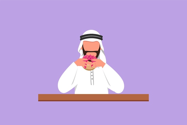 Character flat drawing of young Arabian man hold and eat sweet donut for breakfast Happy male having yummy dessert and sitting at table Delicious tasty fast food Cartoon design vector illustration