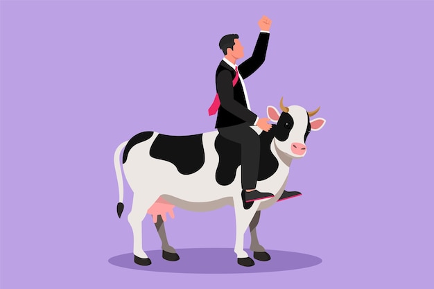 Character flat drawing young businessman riding cow symbol of success Business metaphor concept looking a goal achievement leadership Professional entrepreneur Cartoon design vector illustration