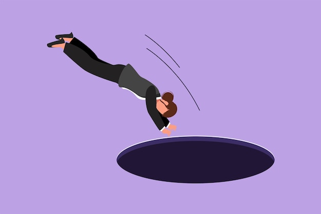 Character flat drawing of young businesswoman jump into hole Concept of failure to take advantage of business opportunities Depressed and business failure ideas Cartoon design vector illustration