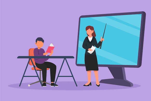 Character flat drawing young female teacher standing in front of monitor screen holding book and teaching male junior high school student sitting on chair near desk Cartoon design vector illustration