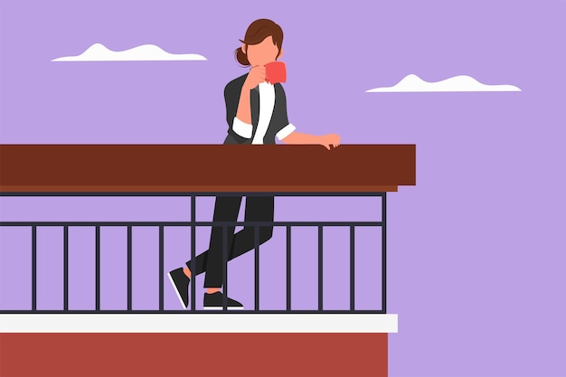 Character flat drawing young woman stands on balcony and drink coffee Stay home in quarantine during coronavirus Stay home stay safe People keep their distance Cartoon design vector illustration