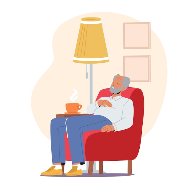 Character Grandpa Sleep On Armchair With Cup Of Tea Stand beside Tired Elderly Lonely Man Feel Unwell Need Medicine