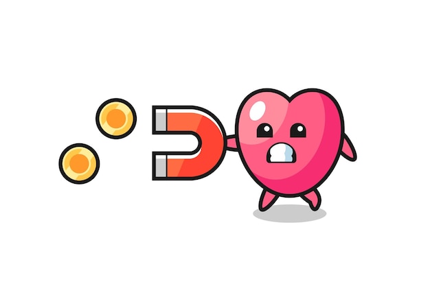 The character of heart symbol hold a magnet to catch the gold coins , cute style design for t shirt, sticker, logo element