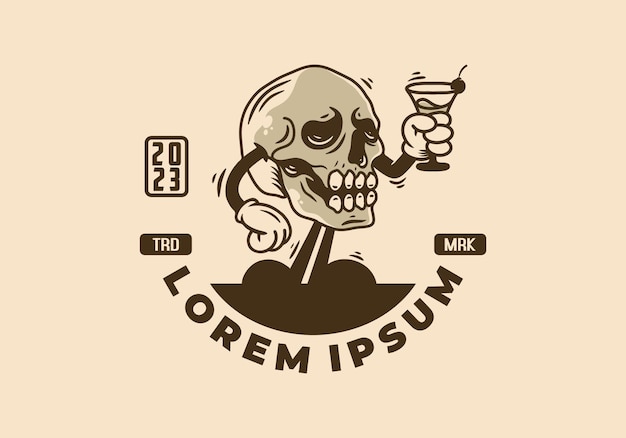 Character illustration badge of skull head holding a wine glass