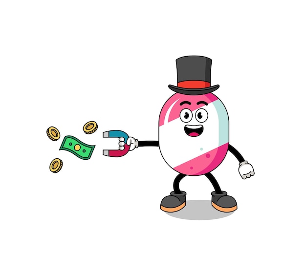 Character Illustration of candy catching money with a magnet