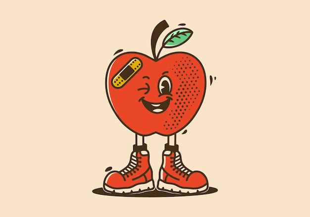 Character illustration design of a red apple with smiling face and wearing boots shoes