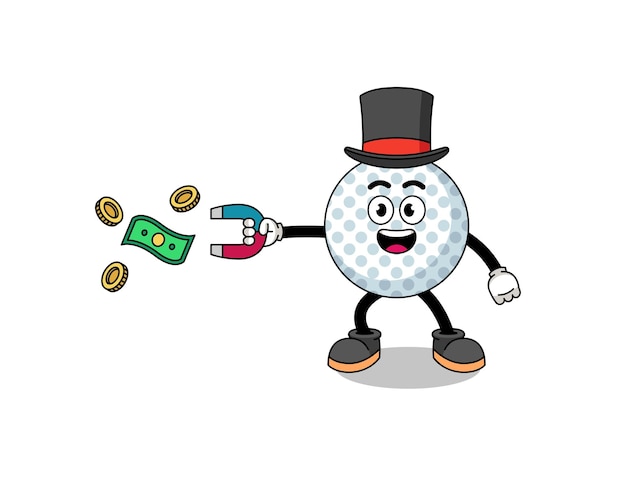 Character Illustration of golf ball catching money with a magnet