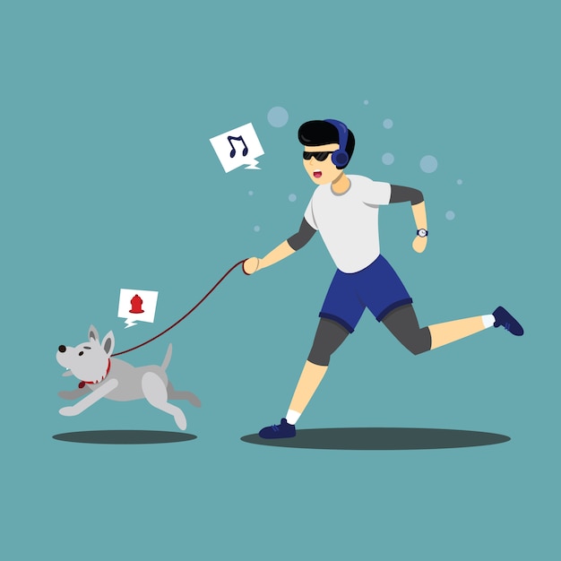 Character illustration of a person jogging with his dog