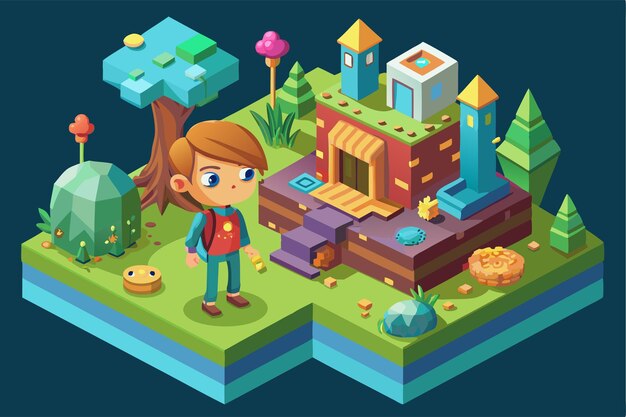 Vector a character interacts with a vibrant fantastical landscape filled with unique plants and structures customizable flat illustration of an imaginary friend