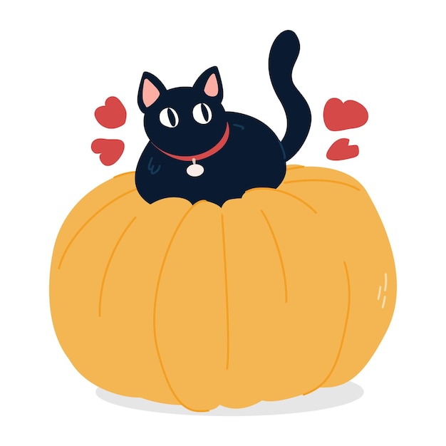 character is a cute cat on a pumpkin with hearts illustration autumn vibe