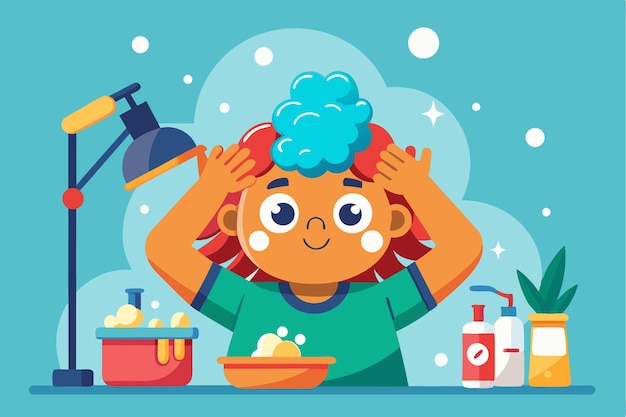 Vector the character is happily washing their head with bubbles during a refreshing morning routine morning routine concepts character washing head with shampoo