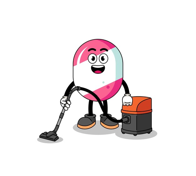 Character mascot of candy holding vacuum cleaner