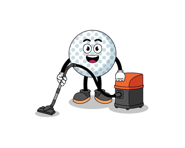 Character mascot of golf ball holding vacuum cleaner