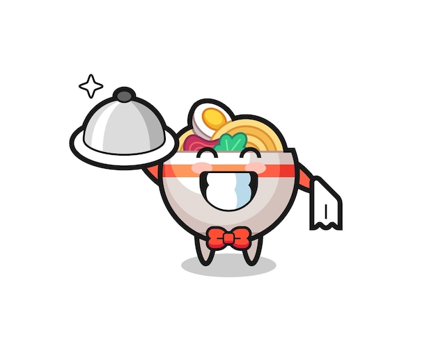 Character mascot of noodle bowl as a waiters  cute style design for t shirt sticker logo element