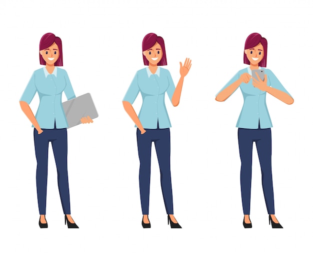 Character office woman pose set in Freelance job creation character