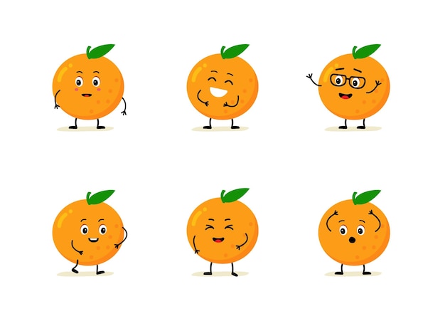 Character orange fruit Happy cute cartoon emoji set