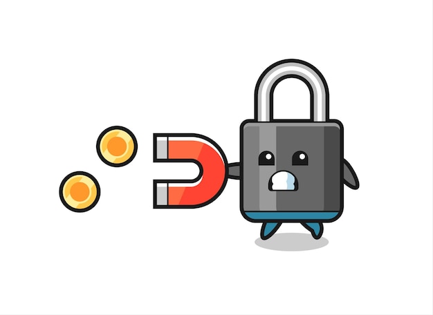 The character of padlock hold a magnet to catch the gold coins , cute style design for t shirt, sticker, logo element