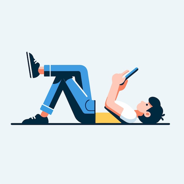 Vector the character of a person is lying down and playing on a smartphone with a simple flat design style