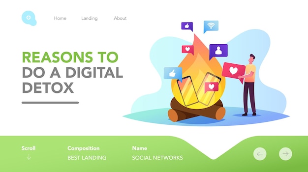 Character Rejection of Devices, Internet and Social Networks Digital Detox Landing Page Template. Man Throw Gadgets in Fire Refuse from Phone and Online Addiction, Offline. Cartoon Vector Illustration