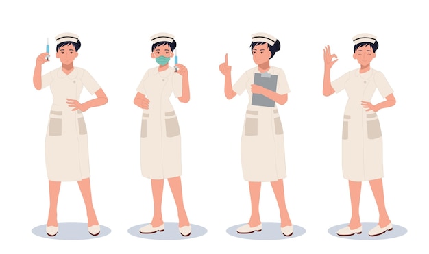 Character set of Female nurse in Different poses and emotions Vector cartoon illustration