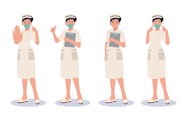 Character set of Female nurse in Different poses and emotions Vector cartoon illustration