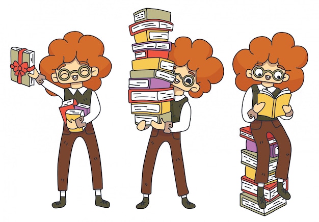 Vector character set literary fan. red-haired nerd boy in glasses with a stack of books. book as a gift. book sale, stock. international children's book day. student's day. isolated   illustration.