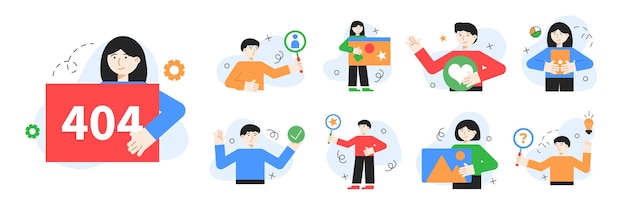 Character set with different object Social media business scene with man and woman