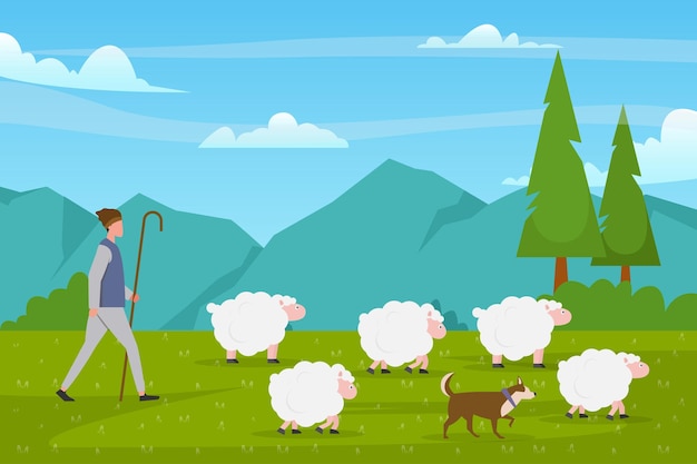 Vector character of shepherd man with dog and sheeps in beautiful landscape